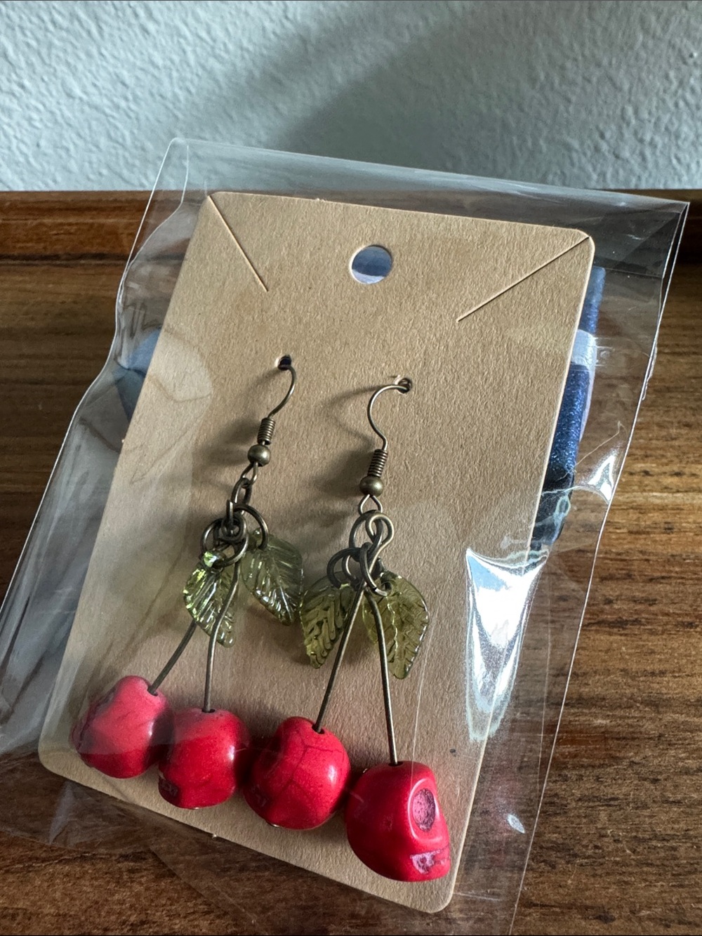 Handcrafted Red Cherry 🍒 Skull Drop Earrings with Leaf Accent